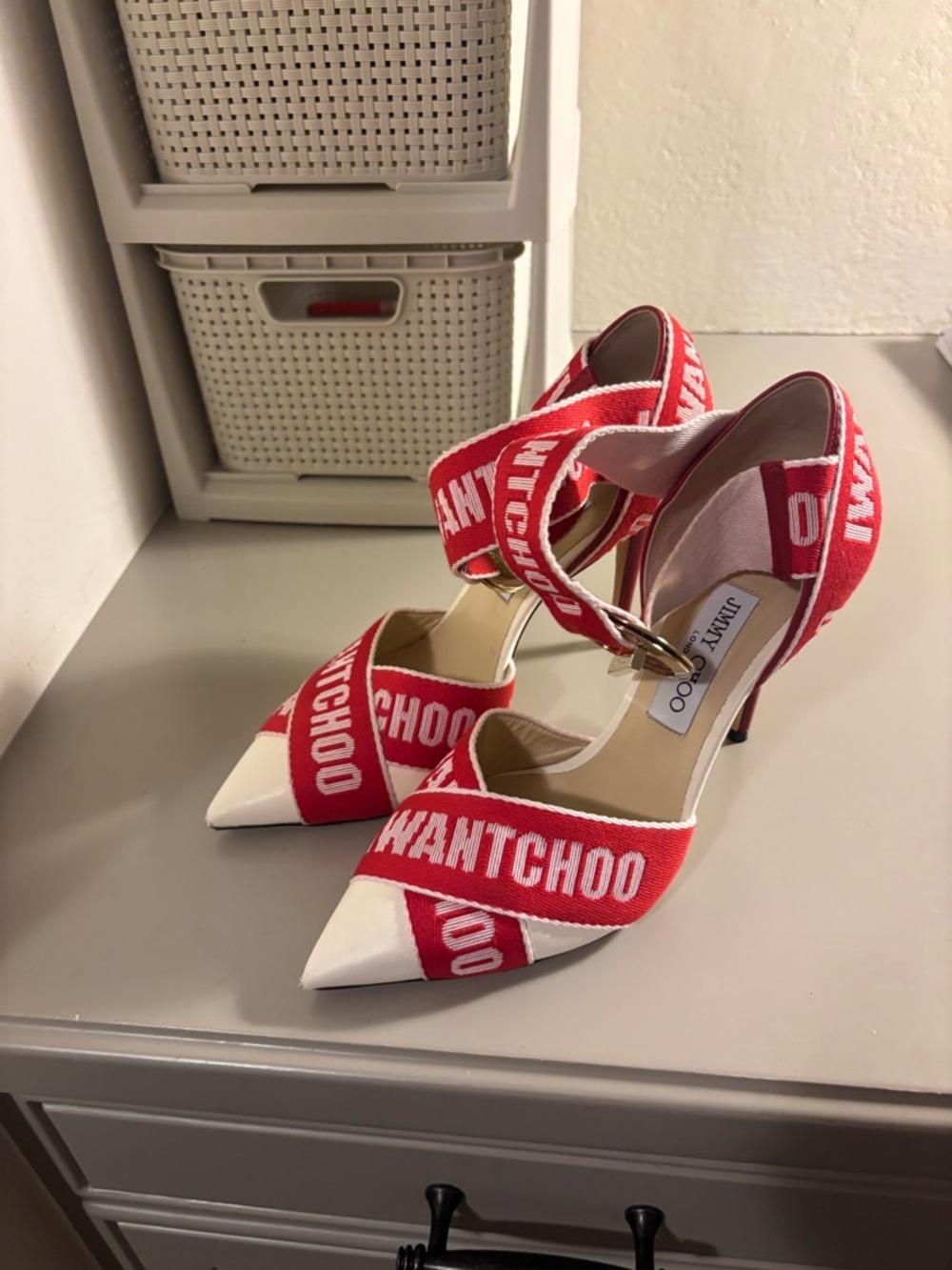 Jimmy Choo Red and White Logo Strap Pointed Pumps